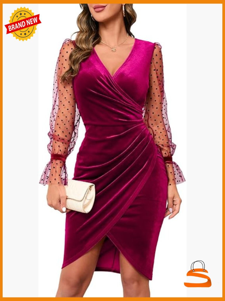 Sexy V Neck Long Sheer Sleeve Velvet Faux Wrap Ruched Bodycon Mini Dress